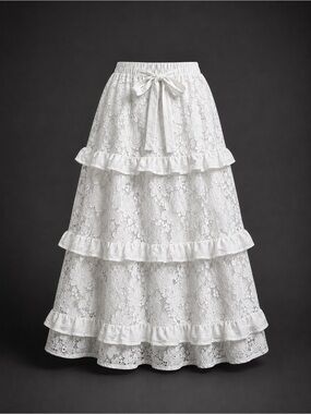 Alice Blue white floral lace tiered maxi skirt ruffle boho cottage core medium
